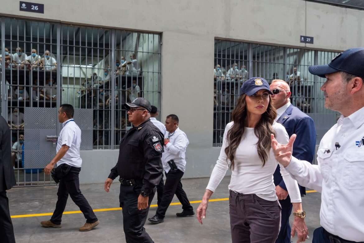 PHOTO: Homeland Security Secretary Kristi Noem tours a famous prison during a trip to El Salvador